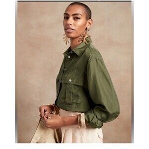 NWT Banana Republic Silk Top Womens Size L Green Long Utility Blouse Career
